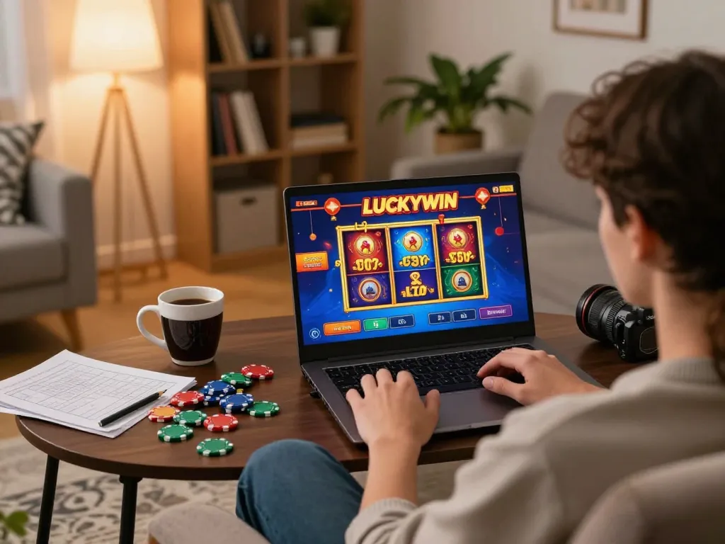 LUCKYWIN online casino gaming setup with vibrant slots and poker, creating a cozy home atmosphere.