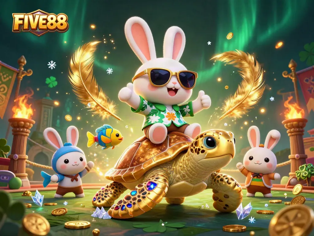 Experience excitement with FIVE88's vibrant casino atmosphere featuring lucky characters and dynamic gaming elements.