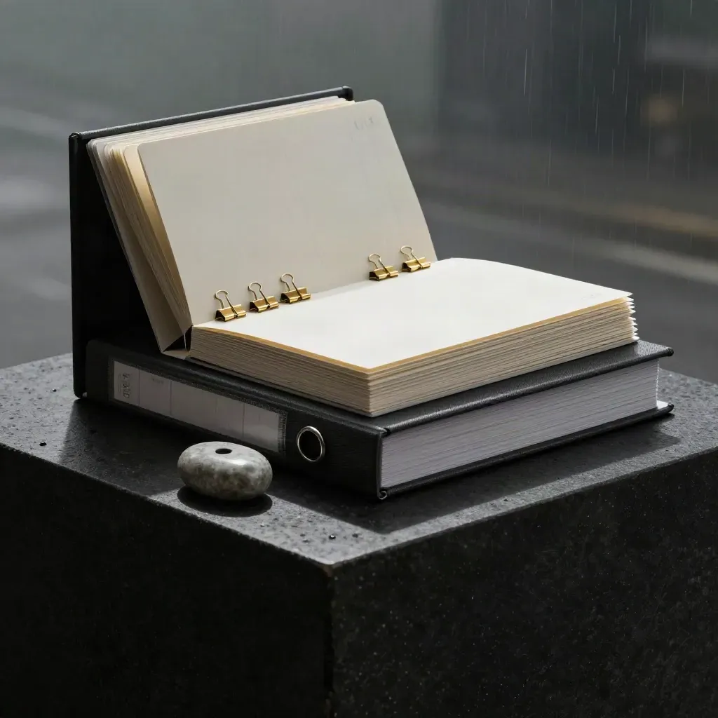 Charcoal binders and planning tools on a dark stone plinth in moody studio light