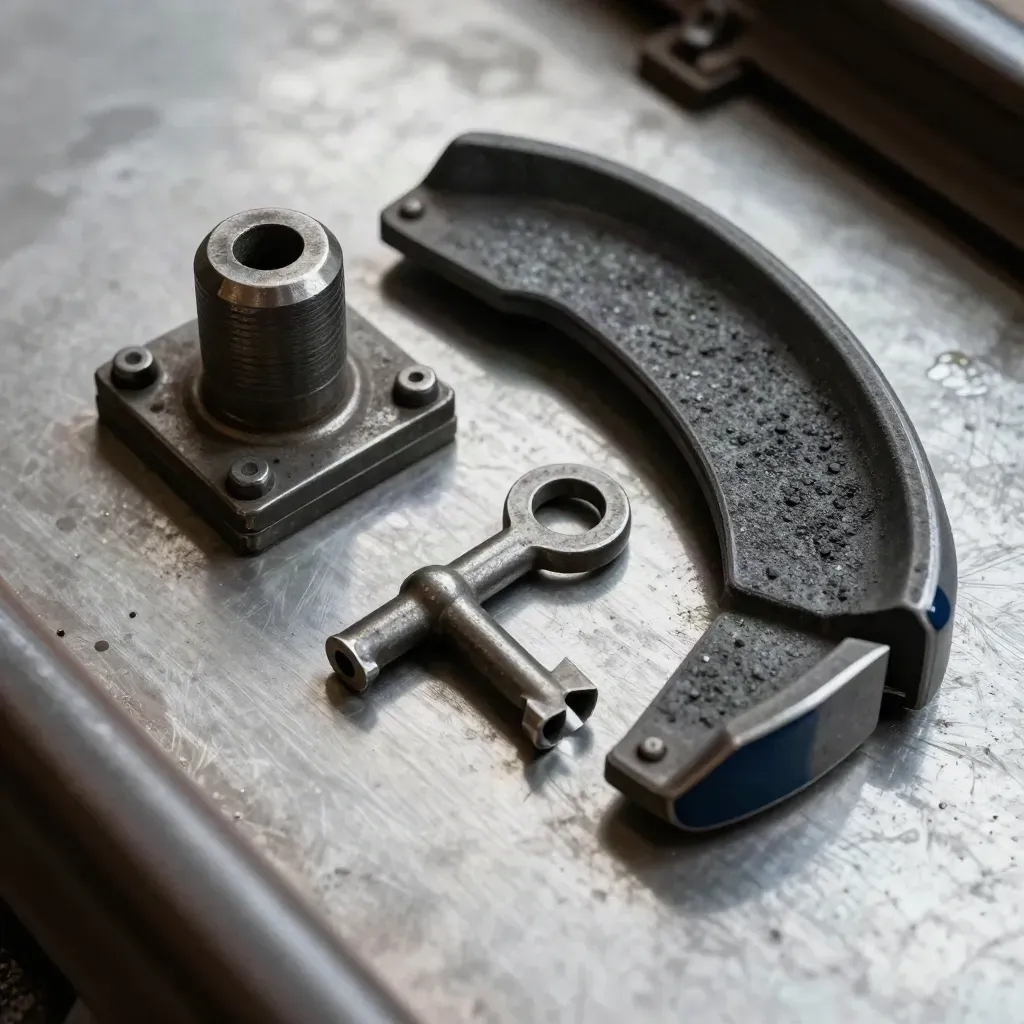 Coupling pin, brake shoe, signal key and steel spacer on brushed metal, top-down rail still life.