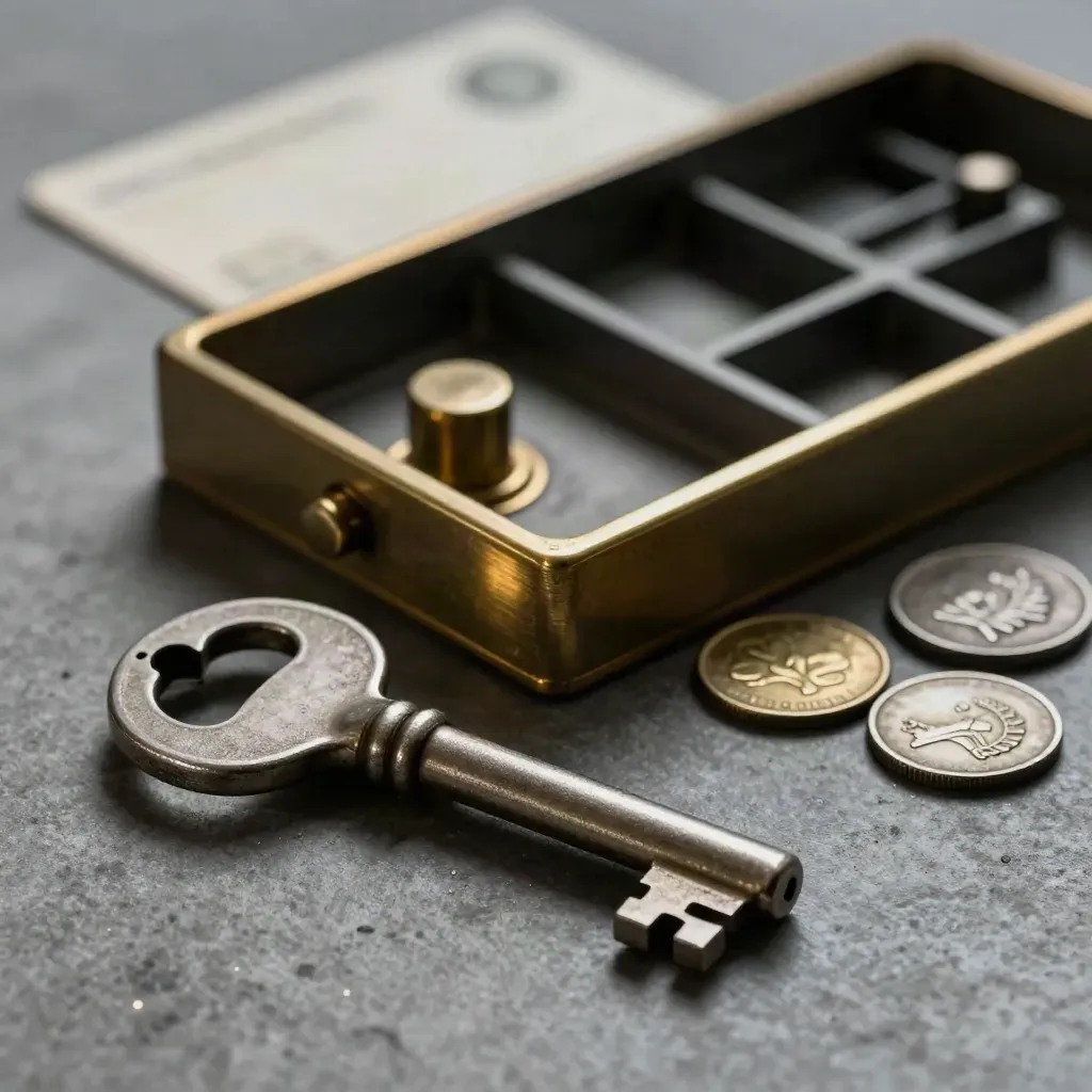 Vault key, brass seal, token tray and coin weights on stone in dramatic light.