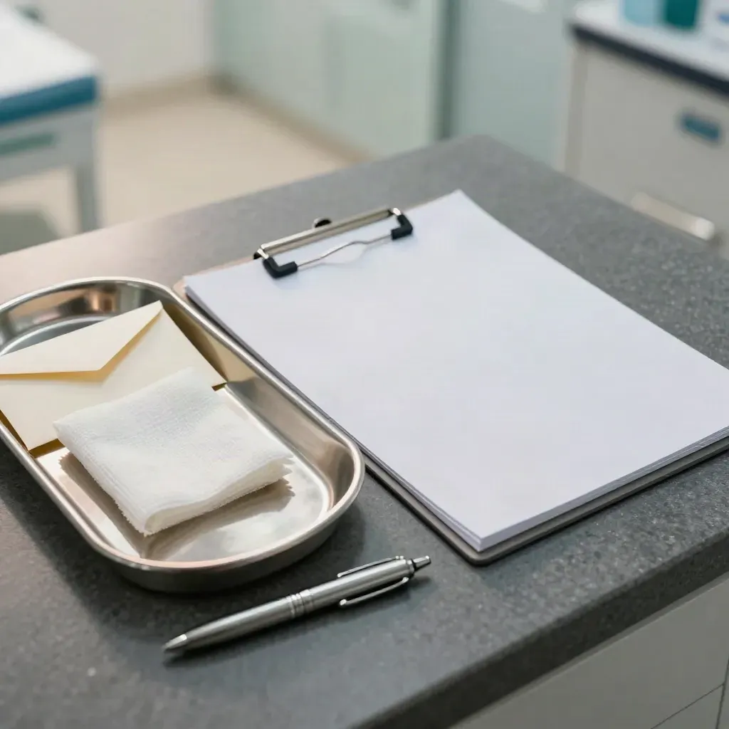 Care intake tools beside a stainless tray on a graphite clinic counter