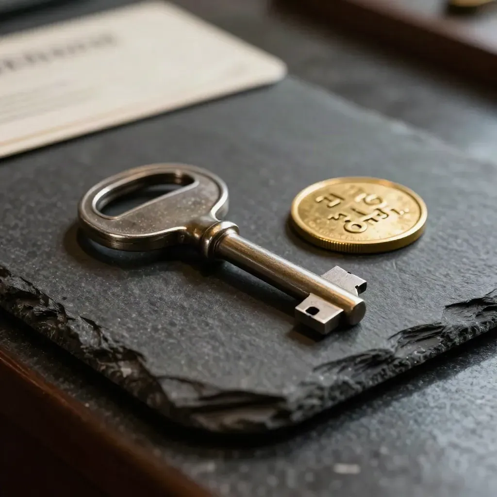Vault key, brass token and slate tray on dark stone in a bank-like still life.