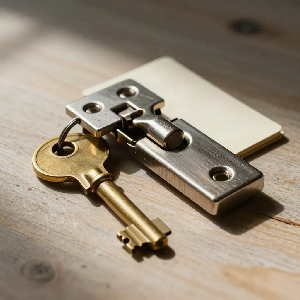 Brass house key, scale block, door hinge and cream card on pale wood in dramatic light.