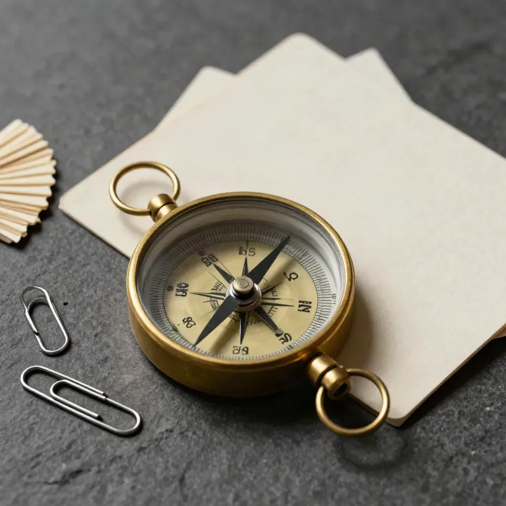 Brass compass on blank cards with graphite clips, lit dramatically on charcoal stone