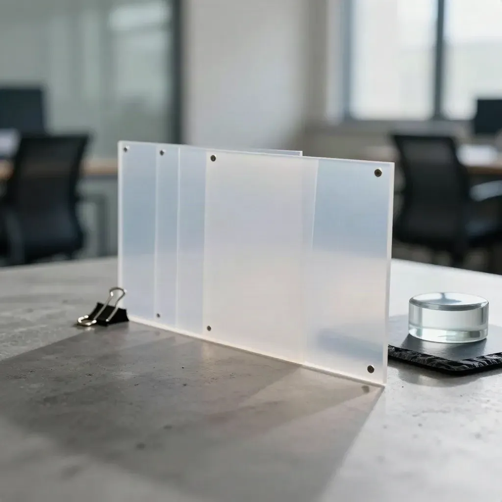 Acetate dividers, binder clips, and a slate paperweight on a concrete planning surface.
