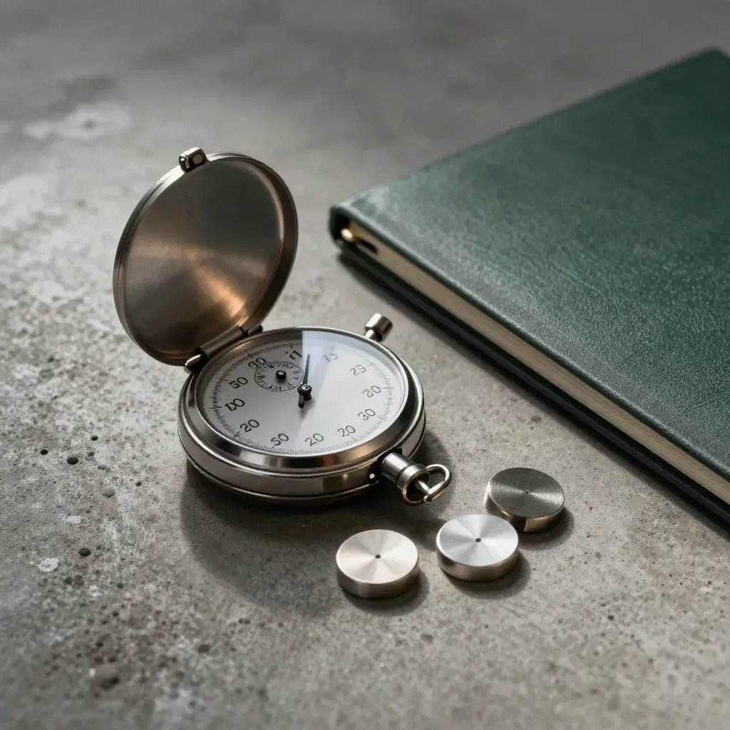 Steel task tokens, pocket timer, and folder spine on concrete in dramatic studio light.