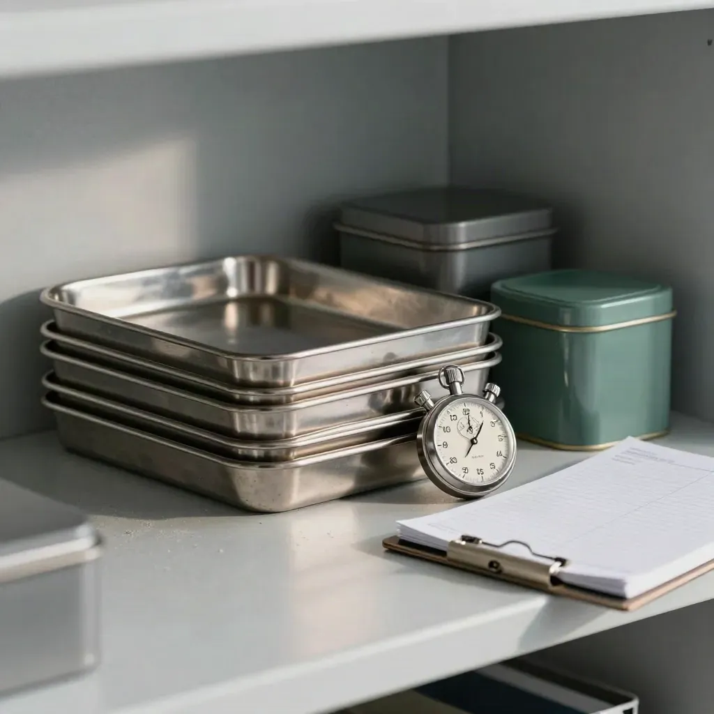 Steel trays, stopwatch, storage tins and a face-down planner pad on a concrete shelf
