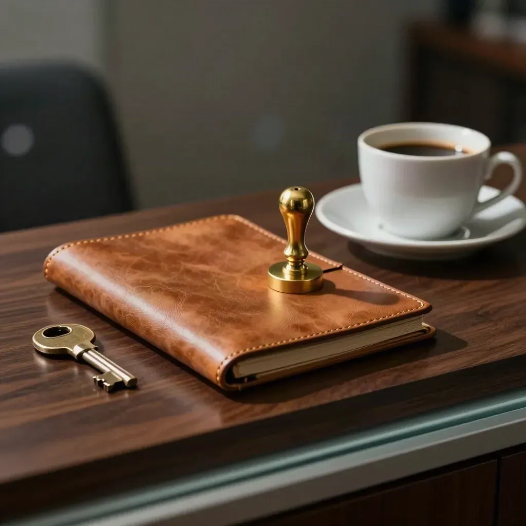 Frosted-glass still life with leather folio, brass key, stamp, and coffee cup on walnut.