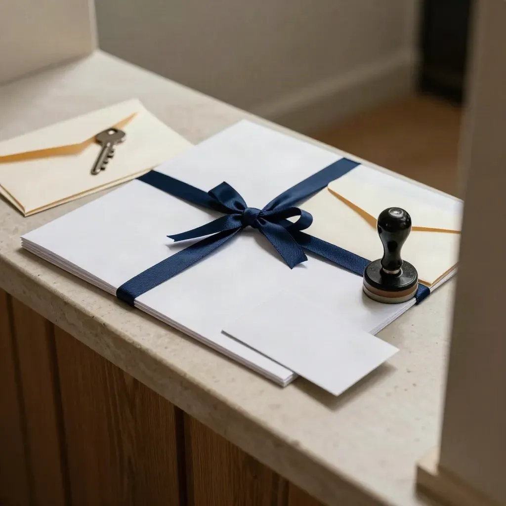 Ribbon-tied onboarding folder, envelopes, stamp and keycard sleeve on a stone ledge by a doorway.