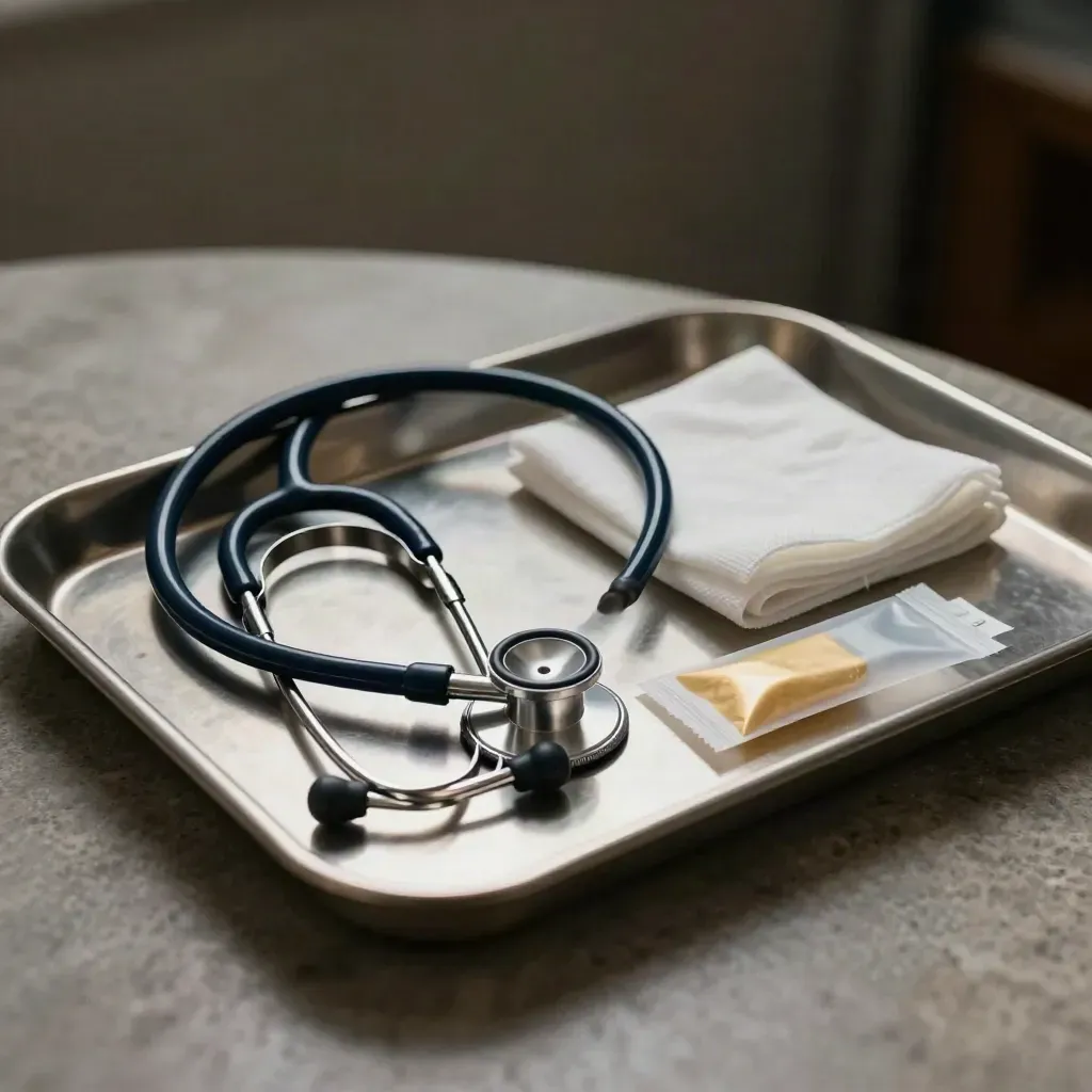 Steel tray with stethoscope, gauze and sample pouch in dramatic low-key light.