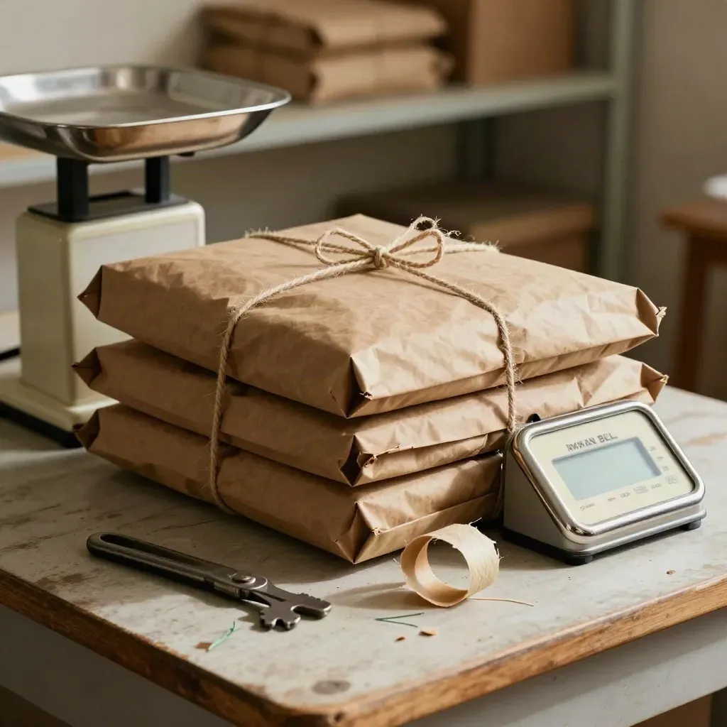 Kraft parcels, postal scale and closed cutter on a packing bench with soft bokeh.