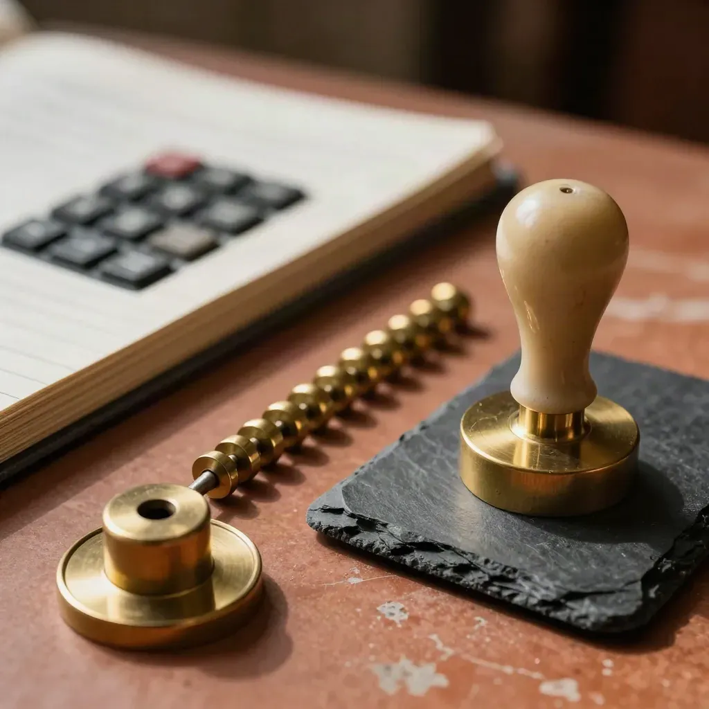 Brass weights, calculator beads, a desk seal and slate coaster on warm stone