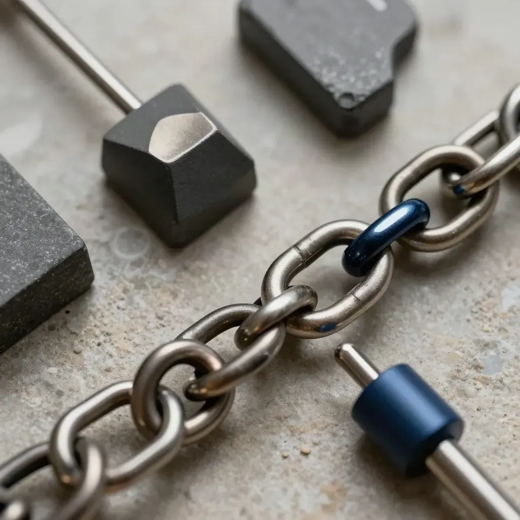 Macro of steel connector rings linked diagonally with a graphite block and navy spacer on stone.