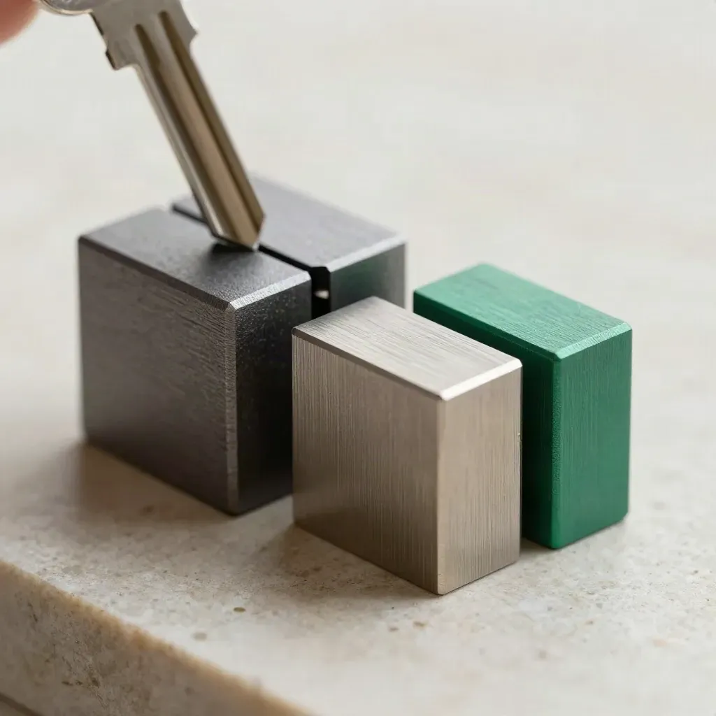 Precision metal blocks and locking pin on limestone surface, lit dramatically.