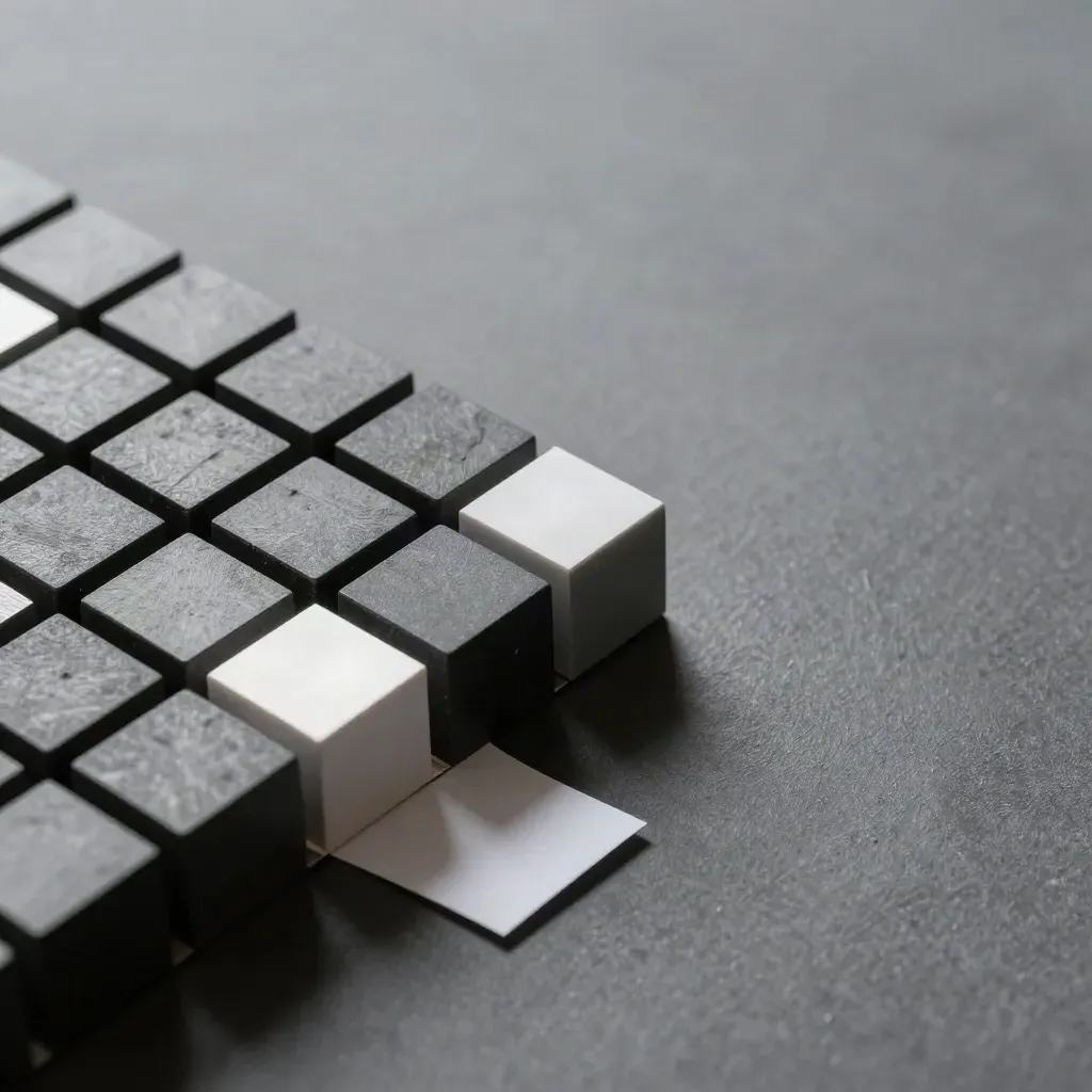 Top-down close-up of slate cubes, spacer plate and folded paper shim on plaster.