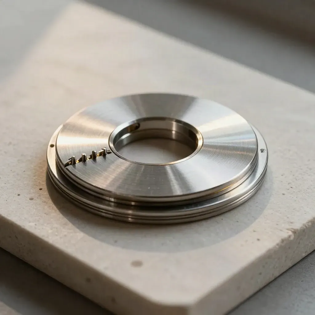 Brushed steel integration ring with gold accents on pale stone, top-down editorial still life