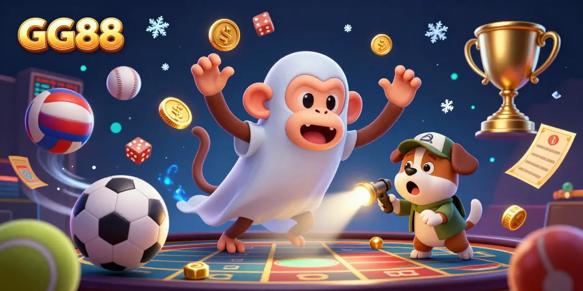 Experience thrilling gameplay at GG88 with a poltergeist monkey juggling golden casino items while a puppy tracks it.