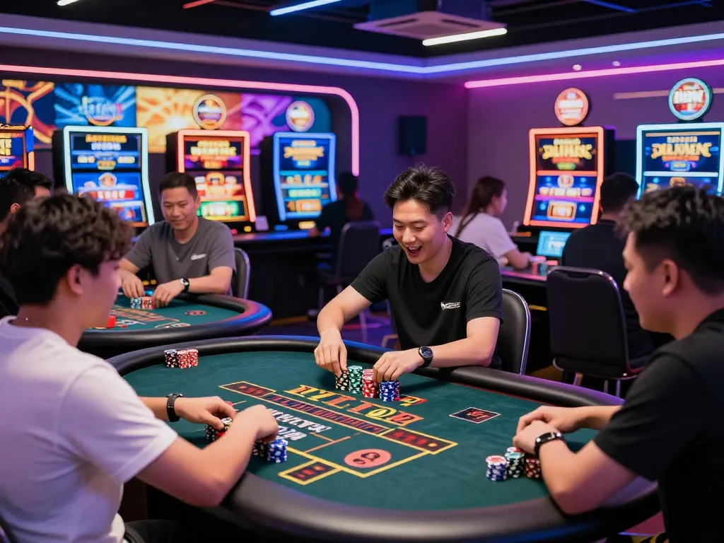 Exciting Khuyến mãi Luck8 gaming scene with players at vibrant digital casino tables, immersive atmosphere and neon lights.