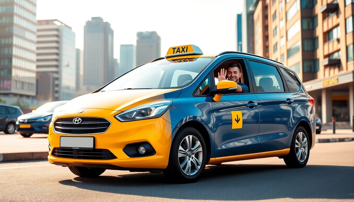 Minicabs driven by friendly drivers in a vibrant urban setting.