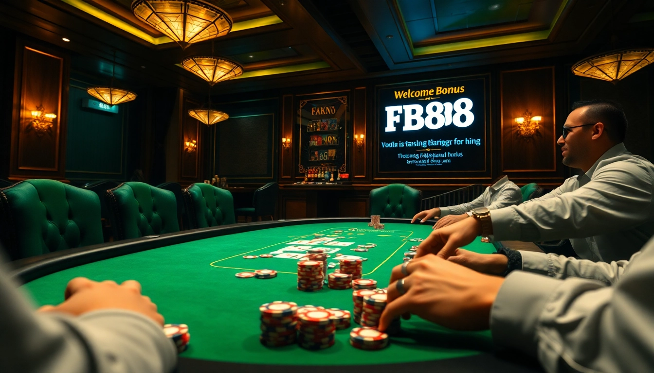 Experience the excitement of Đăng Ký FB88 at a poker table in a luxurious casino setting with vibrant colors and detailed props.