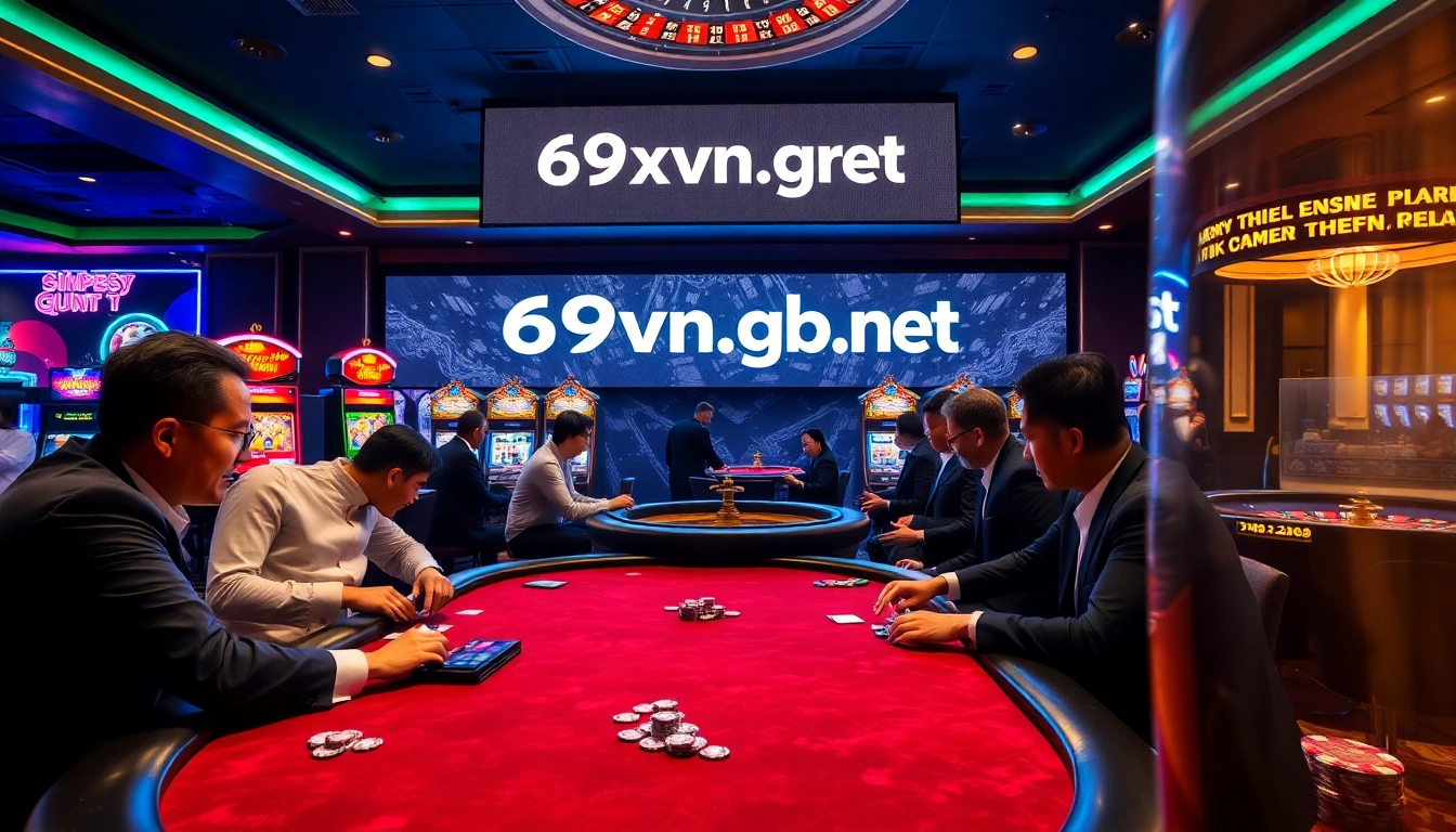 A lively casino scene at 69vn.gb.net with players at the poker tables and vibrant slot machines in the background.