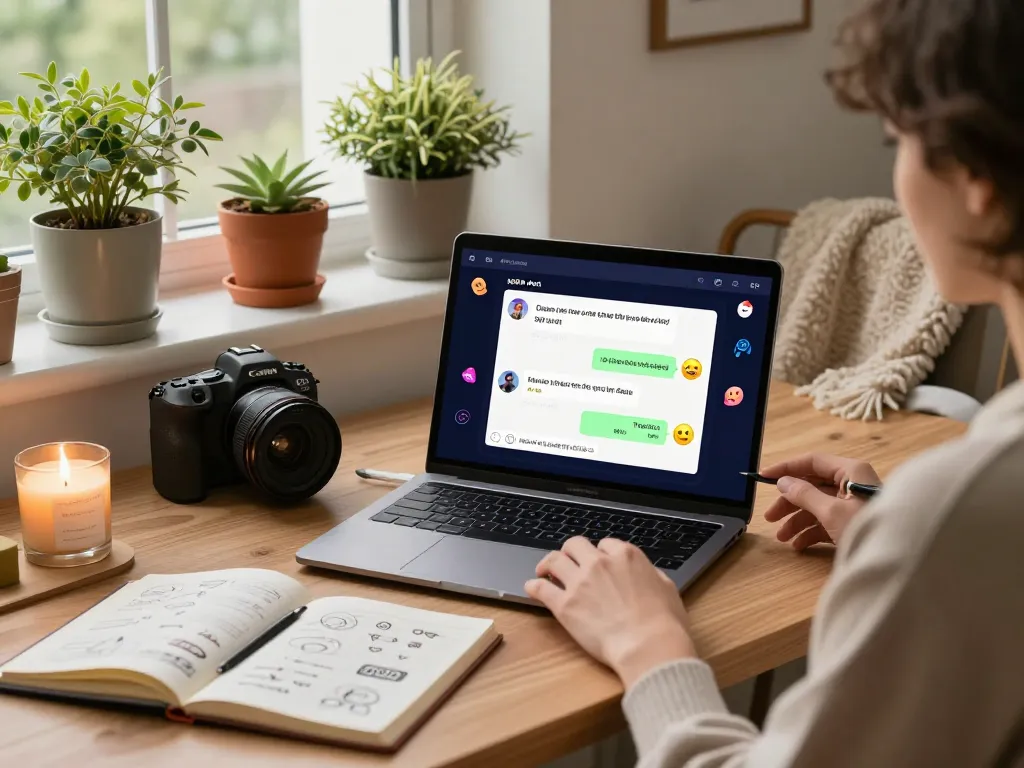 Engaging NSFW AI chat on a sleek laptop in a cozy home office, showcasing user-friendly atmosphere.