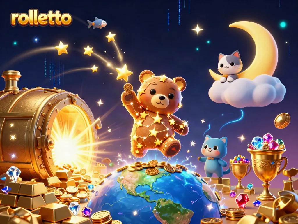 Experience rolletto as a dazzling constellation bear scoops coins in a vibrant casino scene.