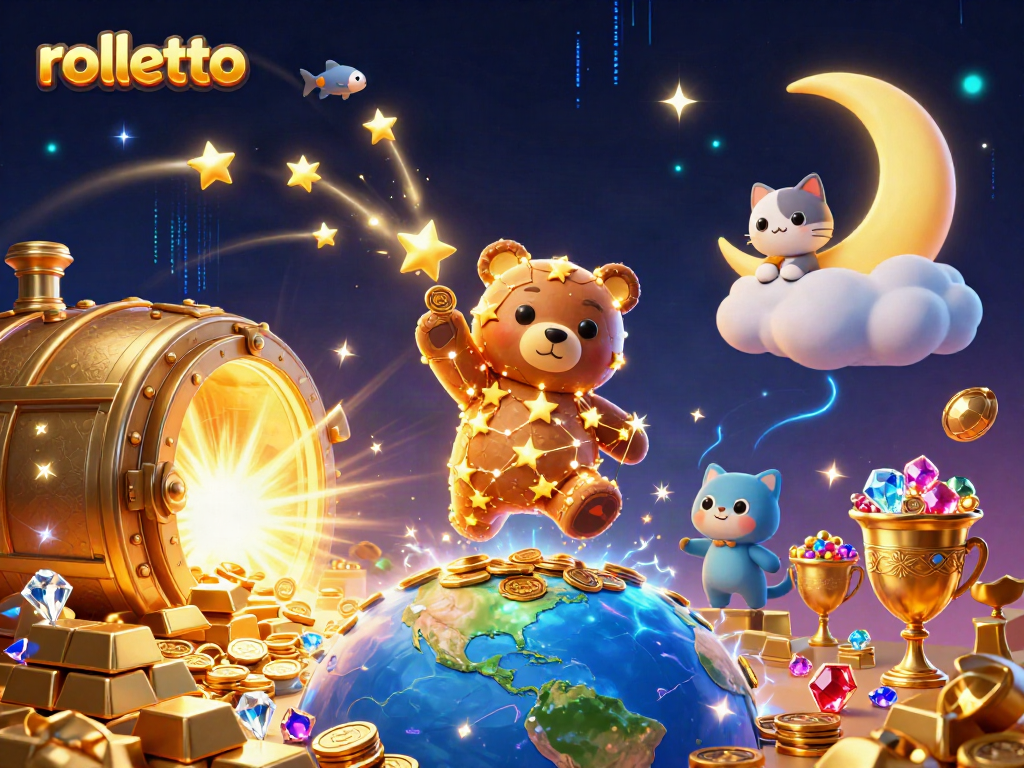 Experience rolletto as a dazzling constellation bear scoops coins in a vibrant casino scene.