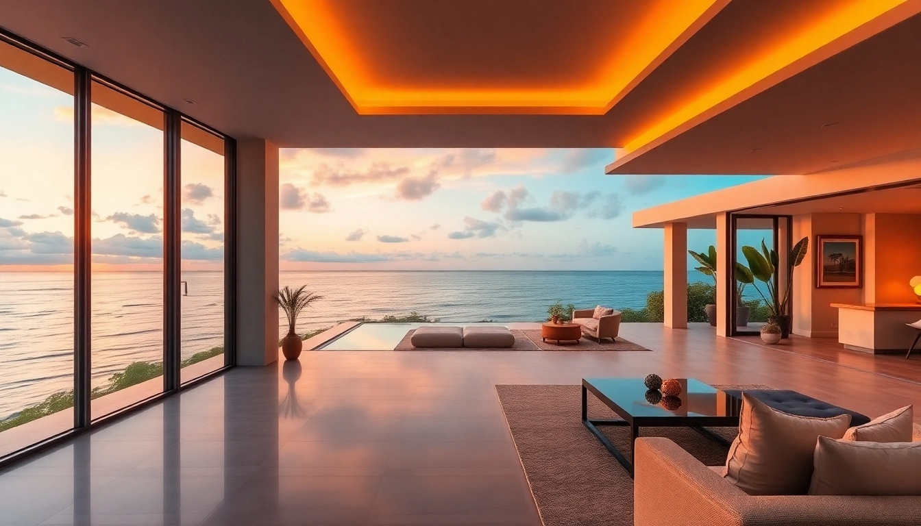 Villa property management showcasing a luxurious ocean-view villa with elegant decor and sunset ambiance.