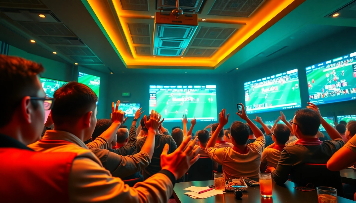 An energetic sports betting environment showcasing tỷ lệ cá cược and enthusiastic fans engaging in real-time bets.