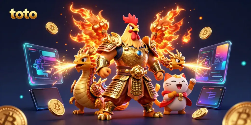 Experience exciting toto casino gaming with a powerful rooster warrior and dragon hatchling in a vibrant 3D scene.