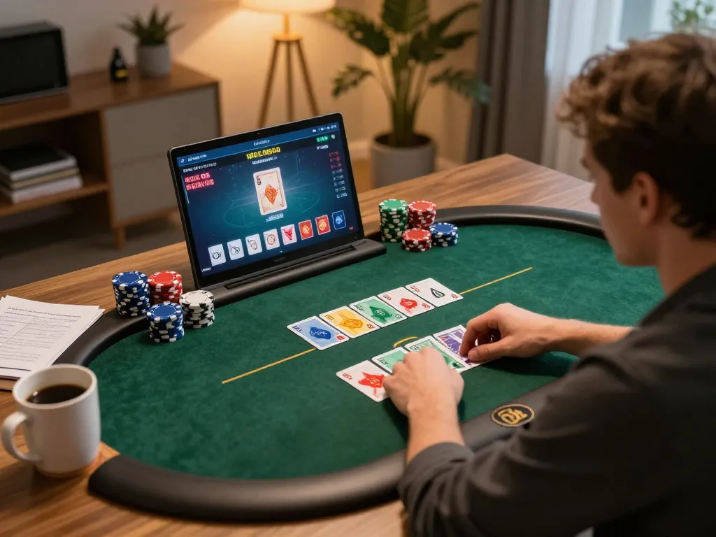 Engaged player strategizing in an online Rikvip poker game at home.