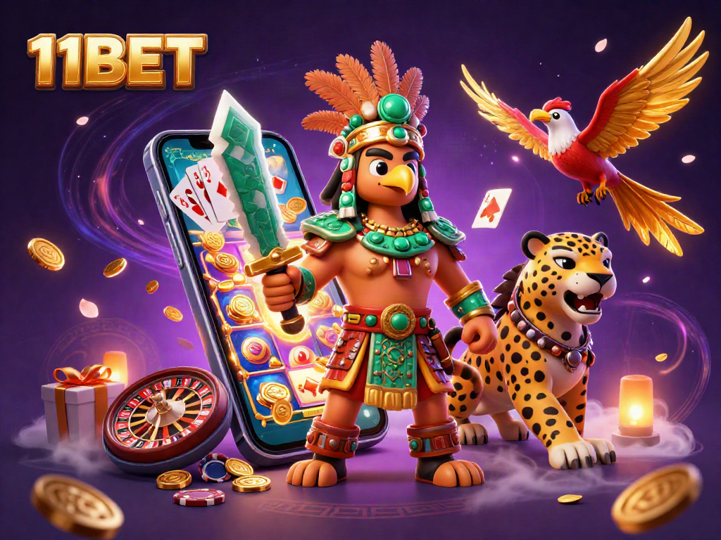 Experience thrilling gaming adventures at 11BET with 3D Aztec warriors and vibrant casino elements.