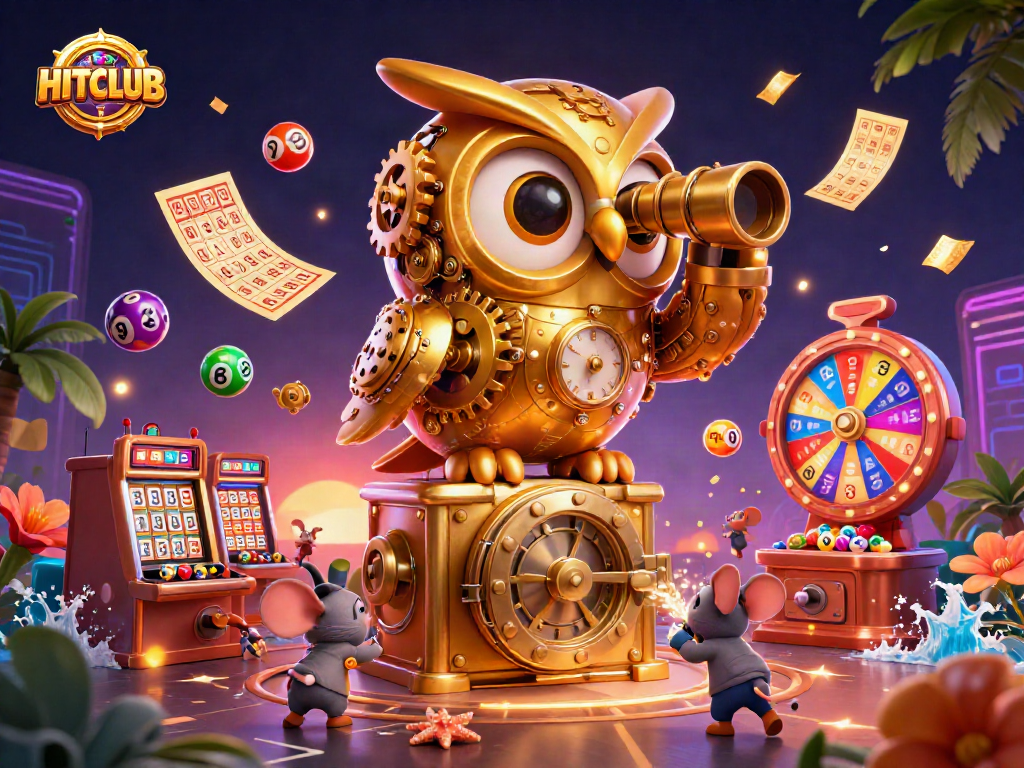 Experience the excitement of HITCLUB with a vibrant casino scene featuring animated characters and dynamic game elements.