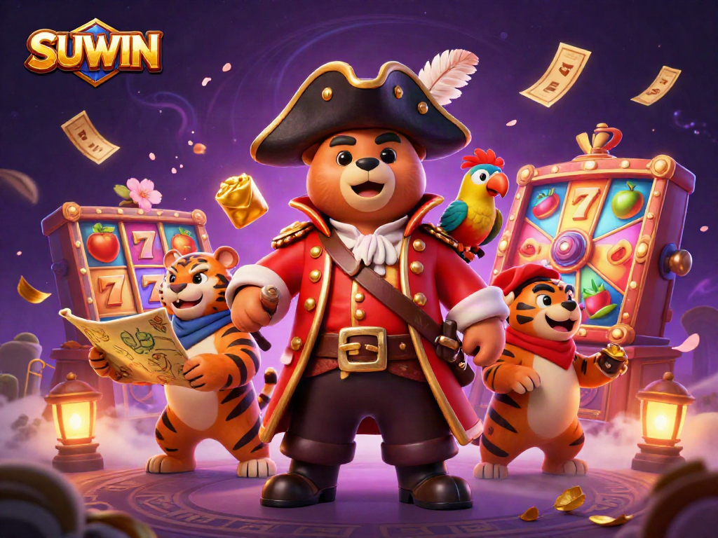 Suwin slots jackpot scene with pirate bear and tiger in dynamic 3D illustration.