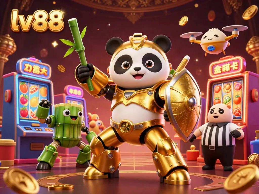 Experience thrilling gameplay at lv88, with a vibrant 3D illustration of a panda piloting a game robot in a lively casino.