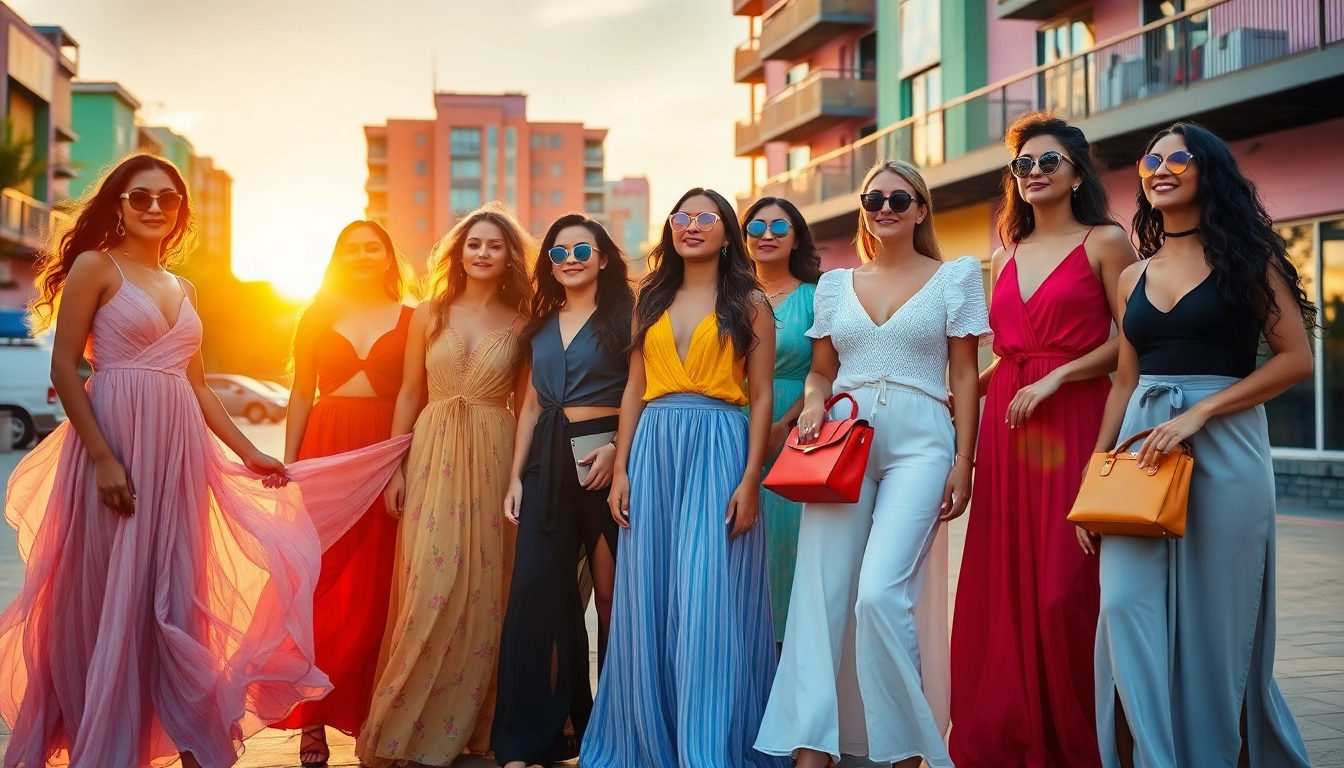 Women fashion scene showcasing stylish dresses and accessories in an urban setting.