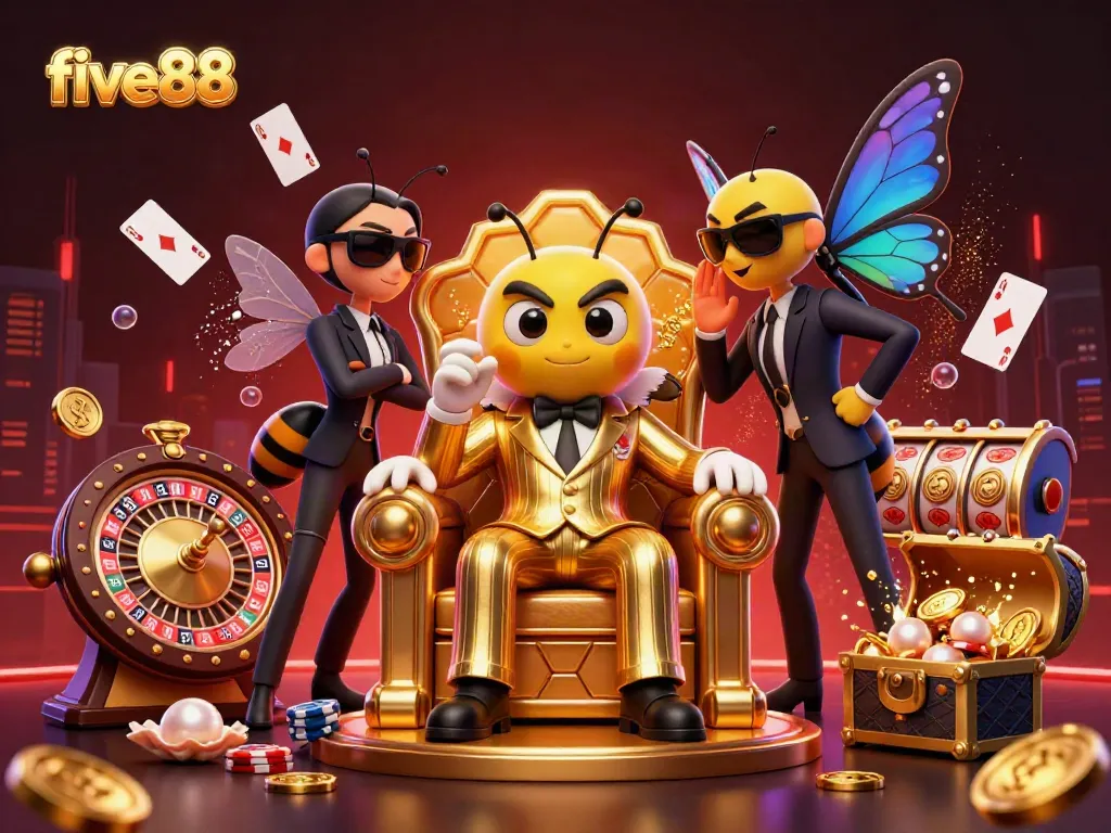 Experience high-stakes thrills at five88 with a dynamic casino scene featuring vibrant characters and rich game elements.