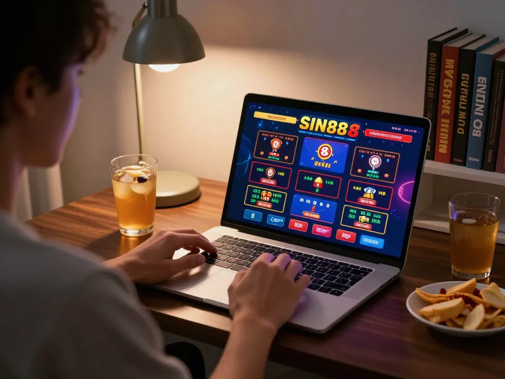 SIN88 online casino gaming setup with vibrant interface on laptop in cozy living room