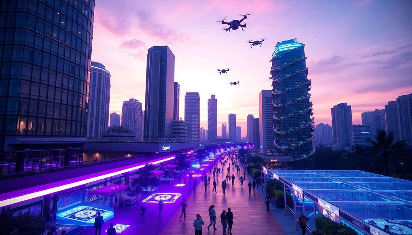 Explore a futuristic skyline displaying New Technology advancements, including drones and holographic displays.