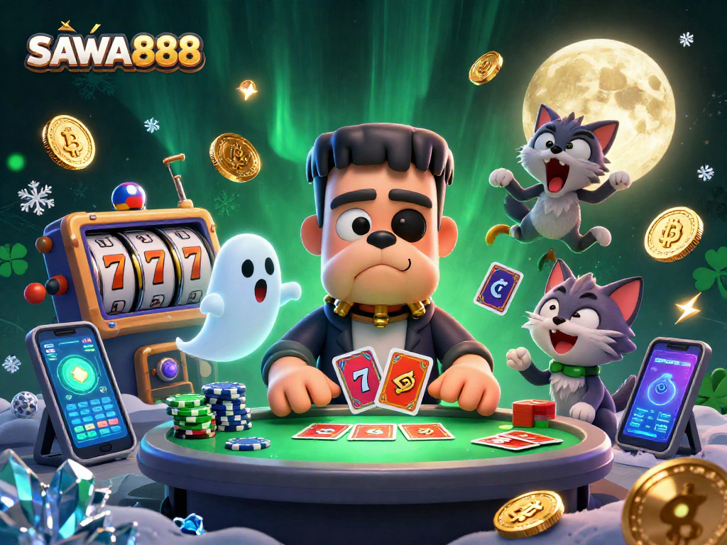 Engage in thrilling gameplay with SAWA888's vibrant slots and lively characters at a spooky casino table.