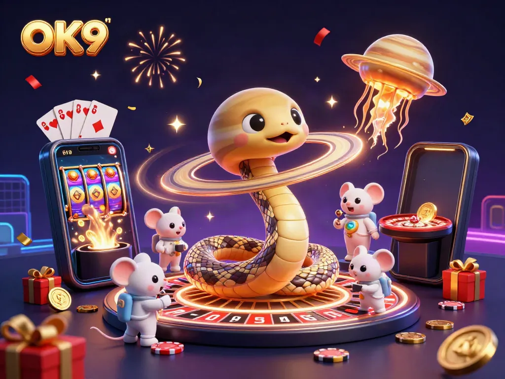 Bet on thrilling games as OK9's cosmic characters engage in an adventurous casino atmosphere.