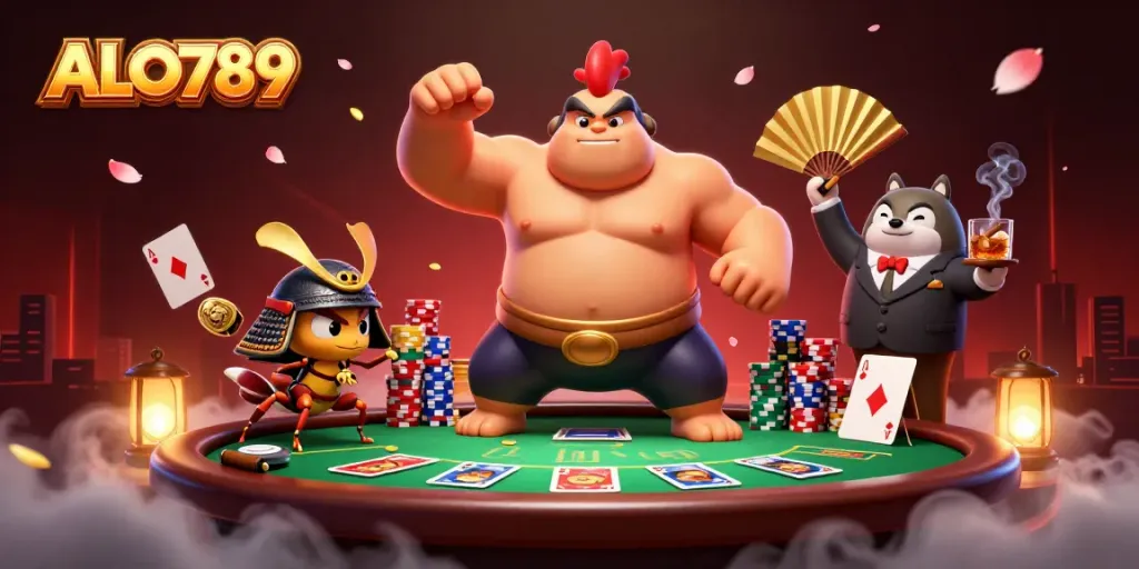Witness an ALO789 showdown with an epic sumo rooster, samurai cricket, and tanuki announcer at a vibrant poker scene.