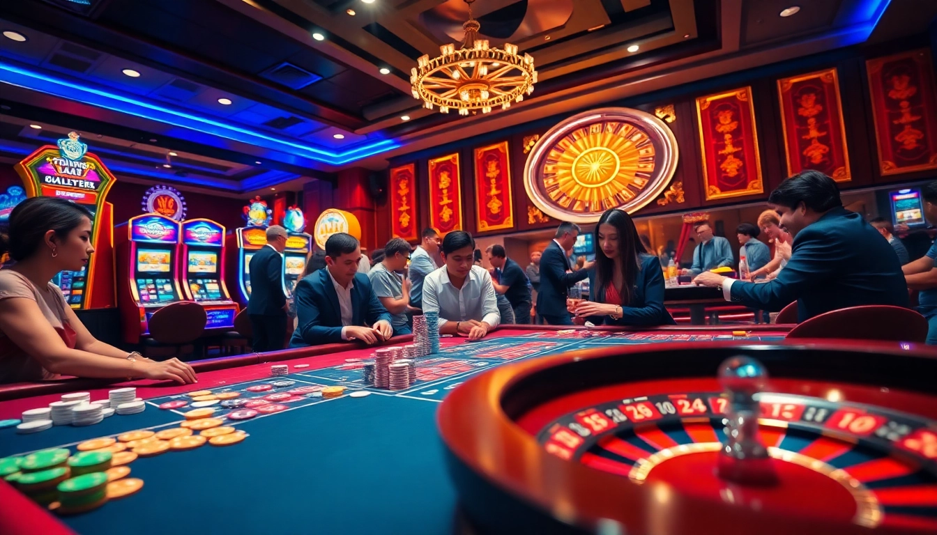 Thrilling casino action featuring players at trang chủ PS99 tables with vibrant chips and roulette wheel.