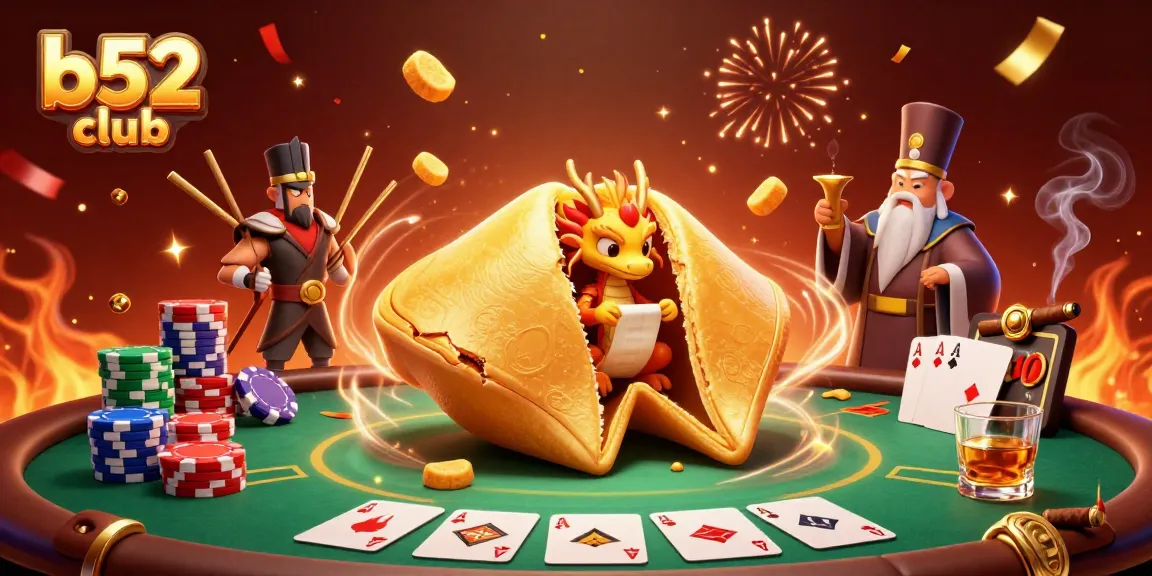 Engage with the b52 club's vibrant gambling scene featuring fortune cookie characters and poker excitement.