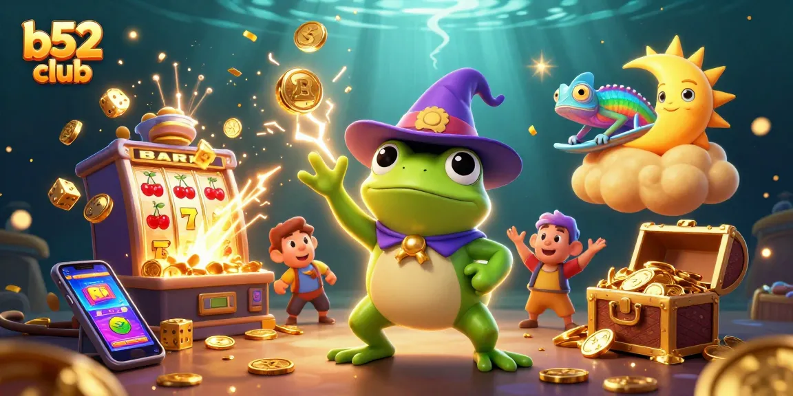 B52 club features a whimsical illustration of a wizard frog creating a golden coin storm, perfect for enhancing engagement.