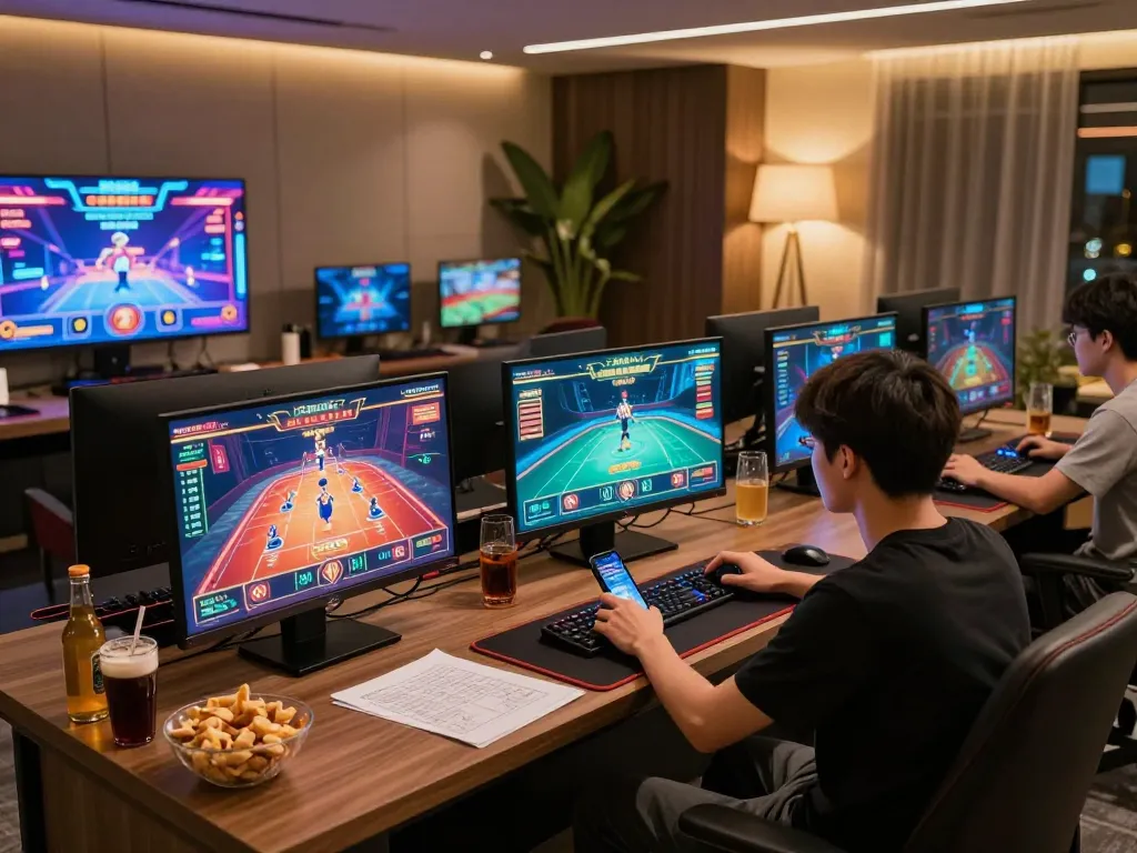 Player engaging in exciting online gaming at x88 with multiple screens showing games and strategy notes.