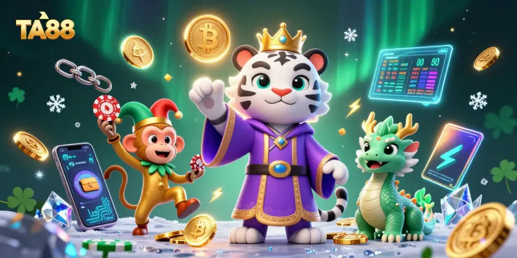 TA88 offers thrilling casino entertainment with a dynamic scene of casino characters and crypto elements.