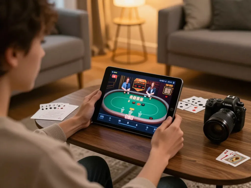 E2BET player engaging in poker on tablet at home, showcasing strategic online gambling.
